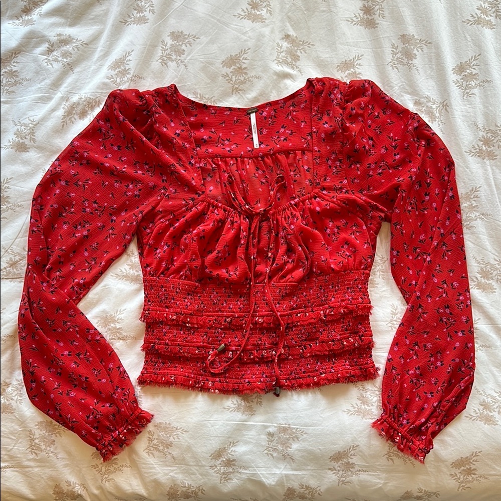 Free People Red Ruched Tie Front Blouse